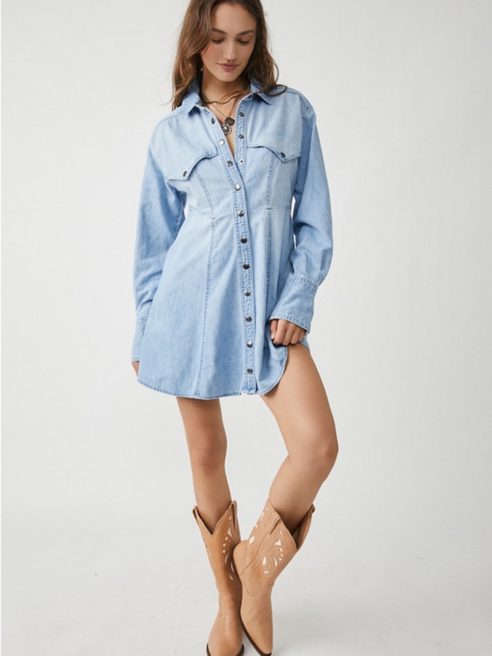 FREE PEOPLE Light Blue Denim Shirt Dress - Modern Casual Women's Dress